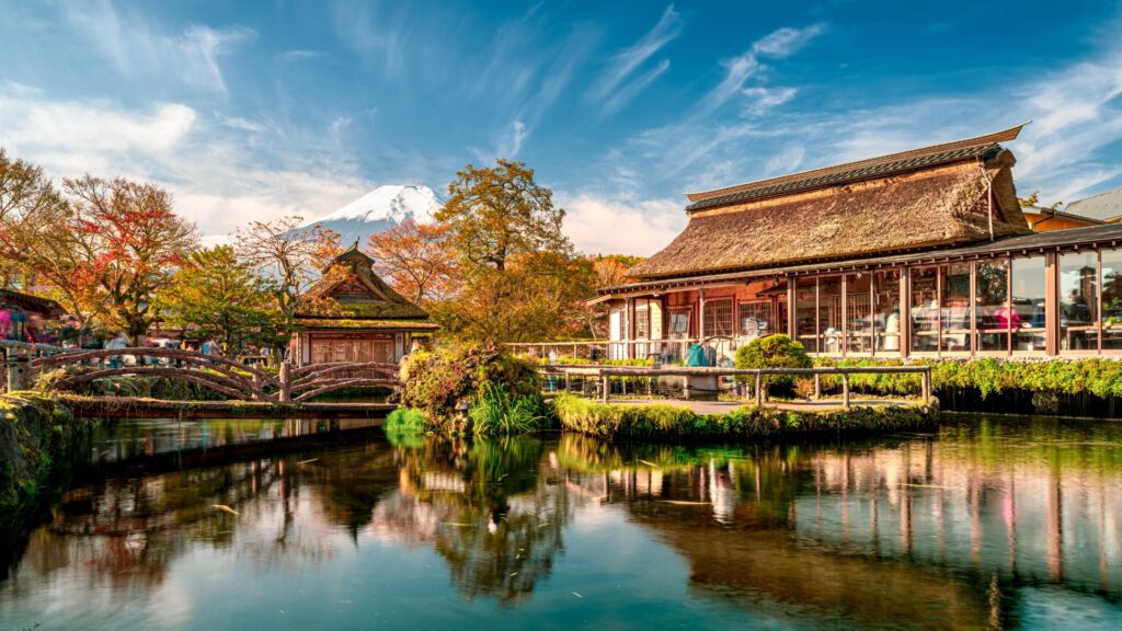 Traditional thatched-roof houses and spring ponds at Oshino Hakkai village