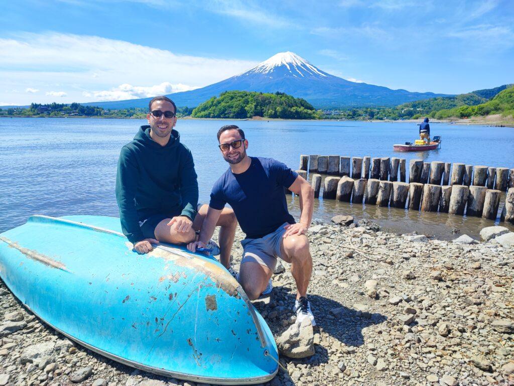 guests at lake kawaguchiko and a boat, oishi park in may