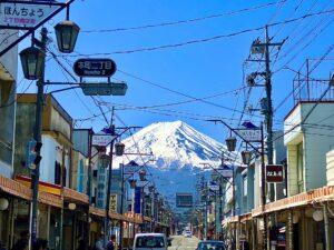 Scenic view of Honcho Street, lined with stores and restaurants in Fujiyoshida