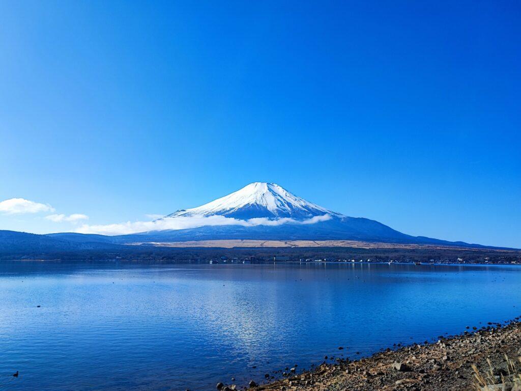 Mt. Fuji reflection with white swans at Lake Yamanaka Shinsui Park