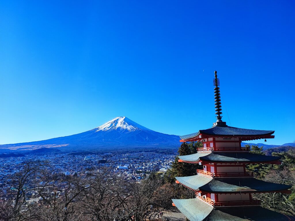 chureito pagoda january 2026 with bright blue sky