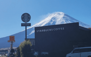 mt fuji and starbucks fujiyoshida next to kawaguchiko