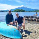 guests at lake kawaguchiko and a boat, oishi park in may